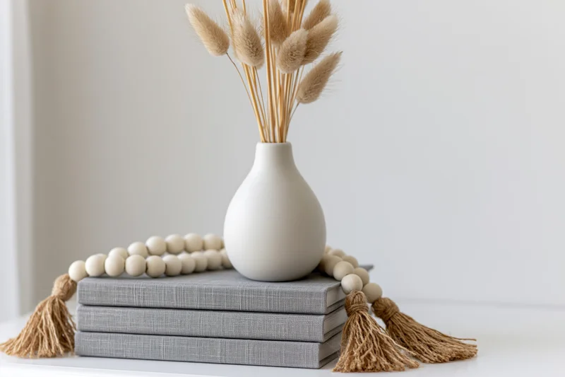 White ceramic vase with dried bunny tail grass stems on a stack of gray books with wooden beads and tassels