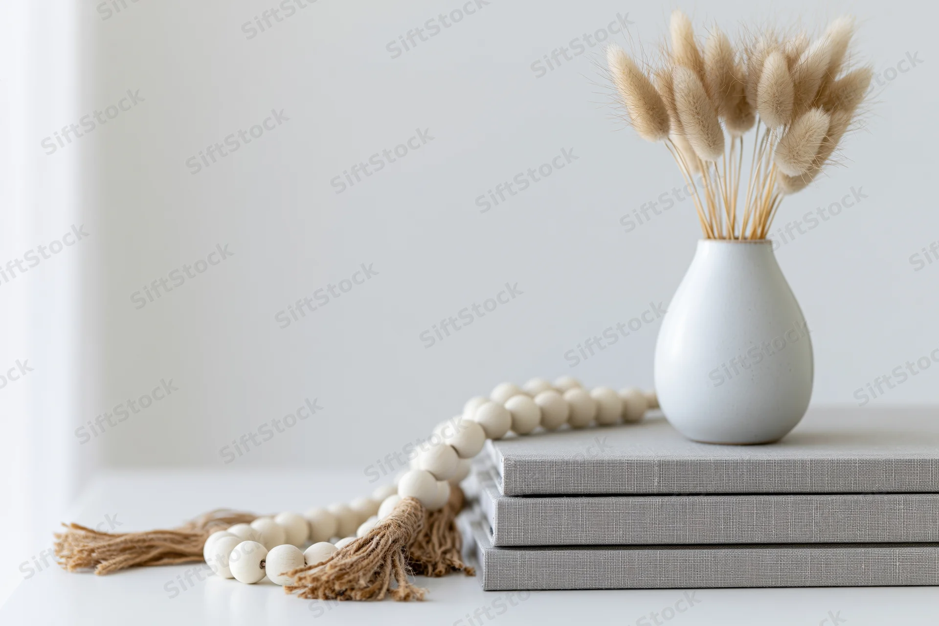 White ceramic vase with dried bunny tail grass stems on a stack of gray books beside a beaded tassel on a white surface