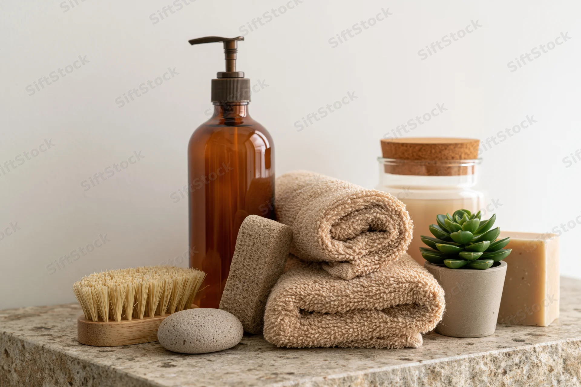 Spa skincare products arranged on stone surface with towels, soap, succulent and brush
