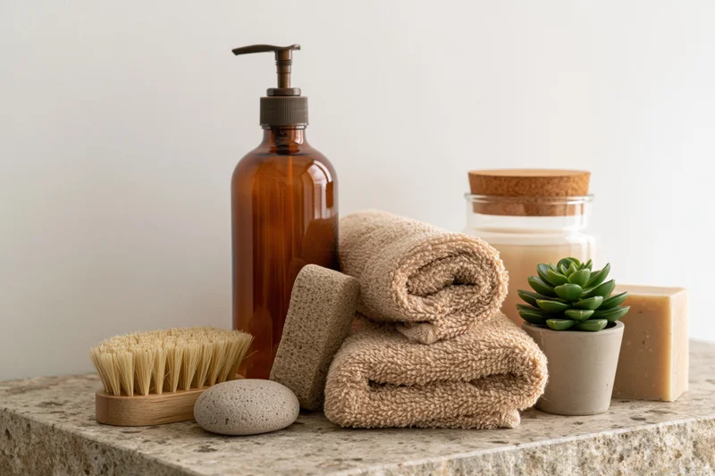 Spa skincare products arranged on stone surface with towels, soap, succulent and brush