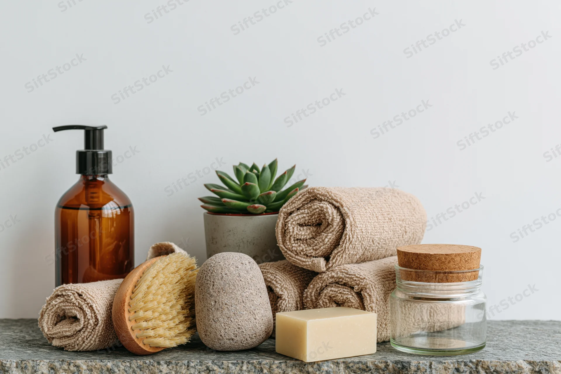 Spa skincare products arranged on stone countertop with towels, soap, brush and succulent