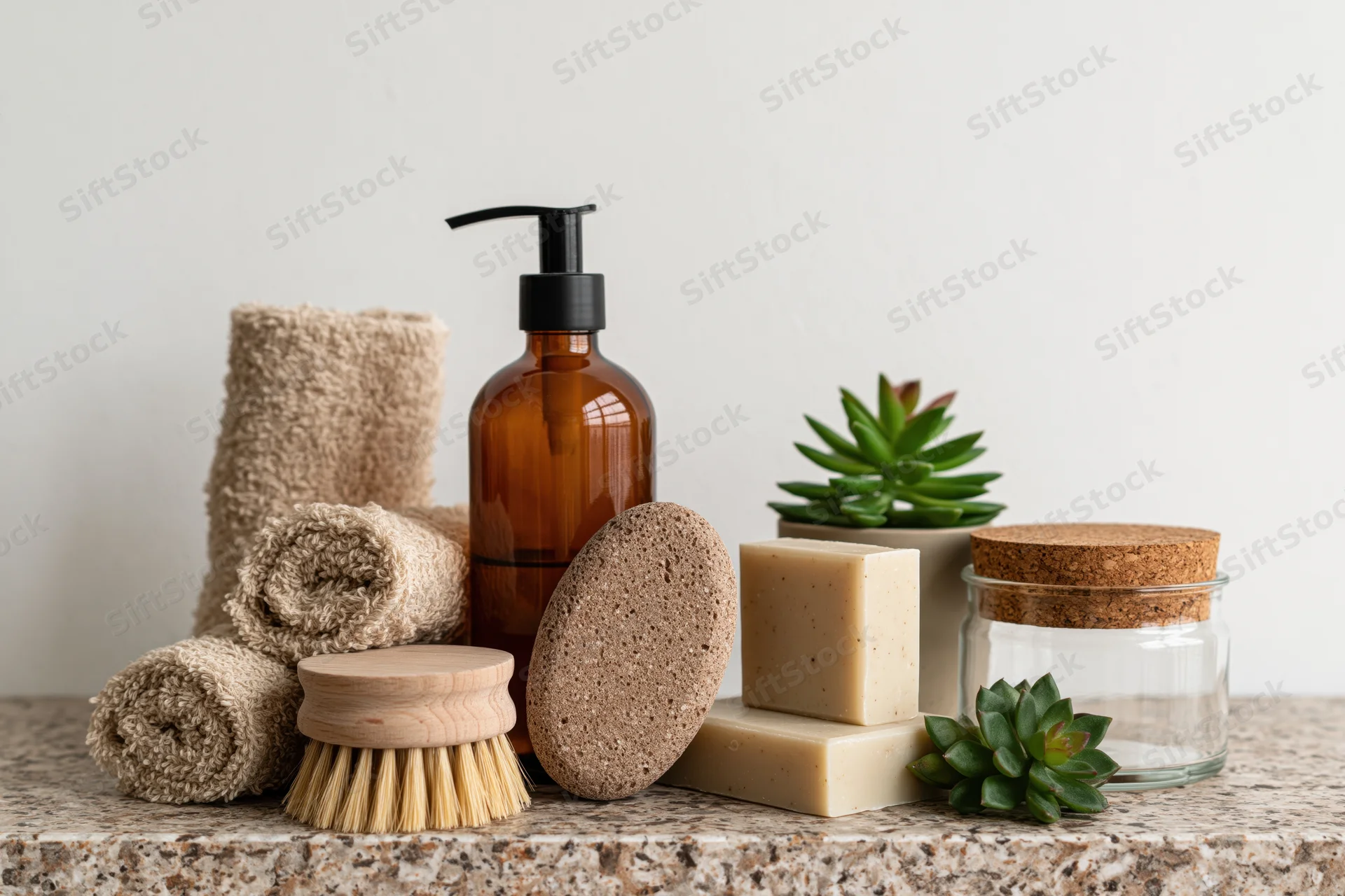 Skincare products arranged on a stone countertop with towels, soap, brush, and succulents