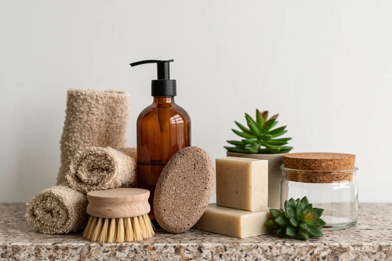 Skincare products arranged on a stone countertop with towels, soap, brush, and succulents
