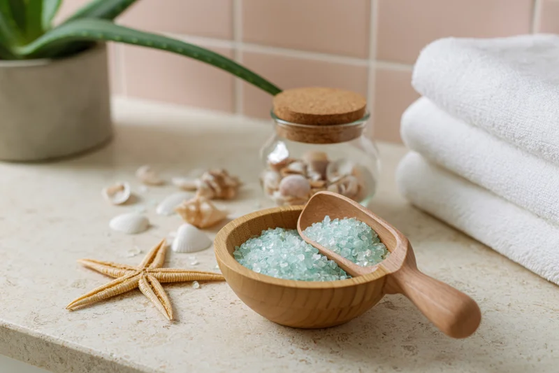 Bath salt in wooden bowl with starfish and seashells on stone countertop near towels and aloe plant