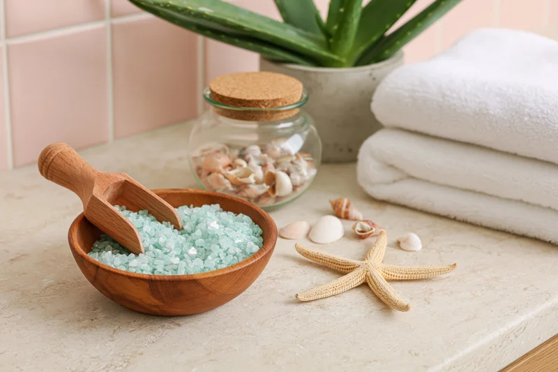 Bath salt in a wooden bowl with seashells and aloe on a stone countertop