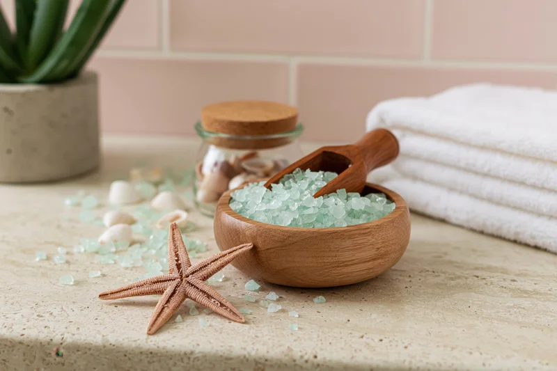 Wooden bowl filled with mint green bath salts and a starfish on a stone countertop beside folded towels and a potted aloe plant