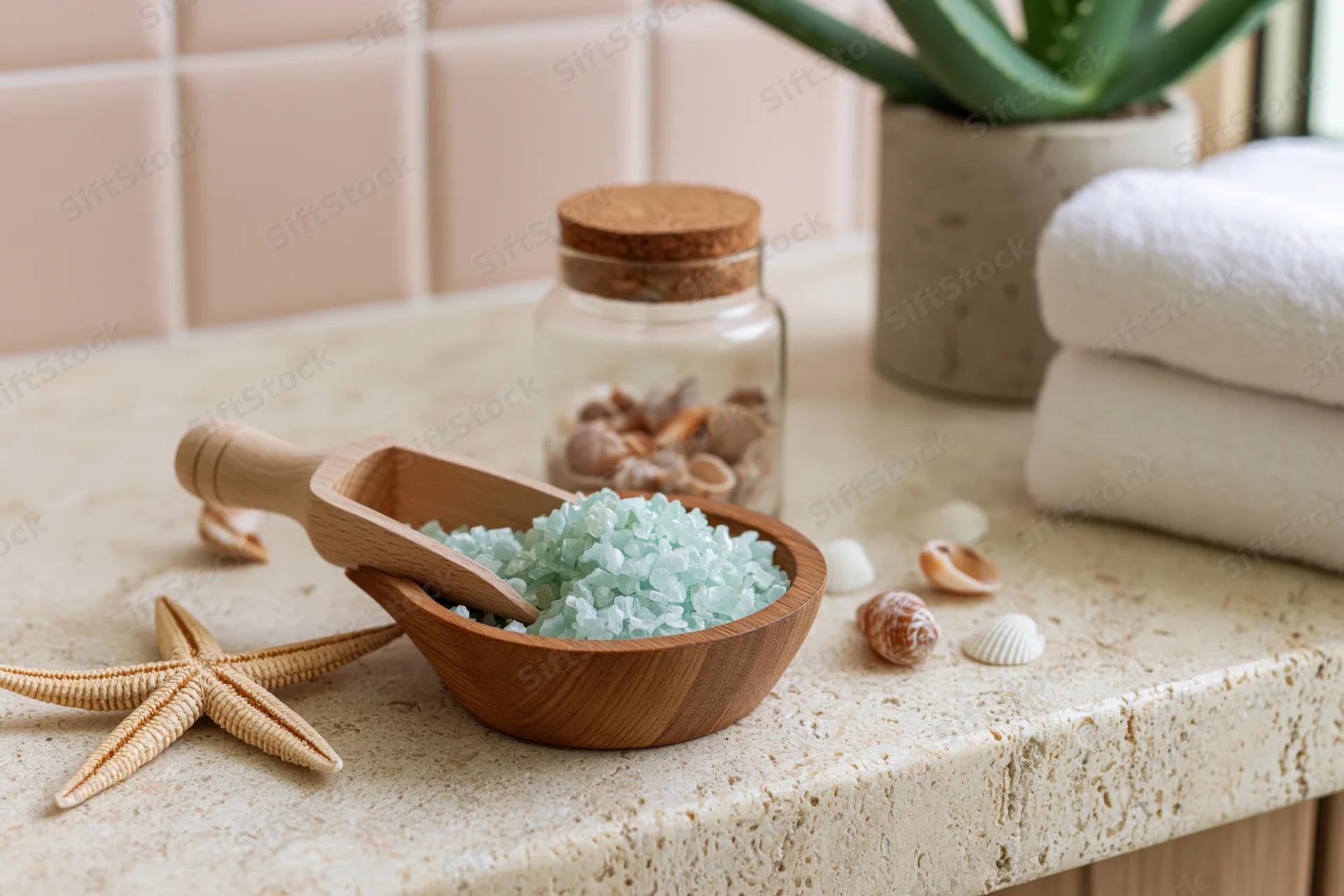 Bath salt in wooden bowl with starfish and shells on stone countertop