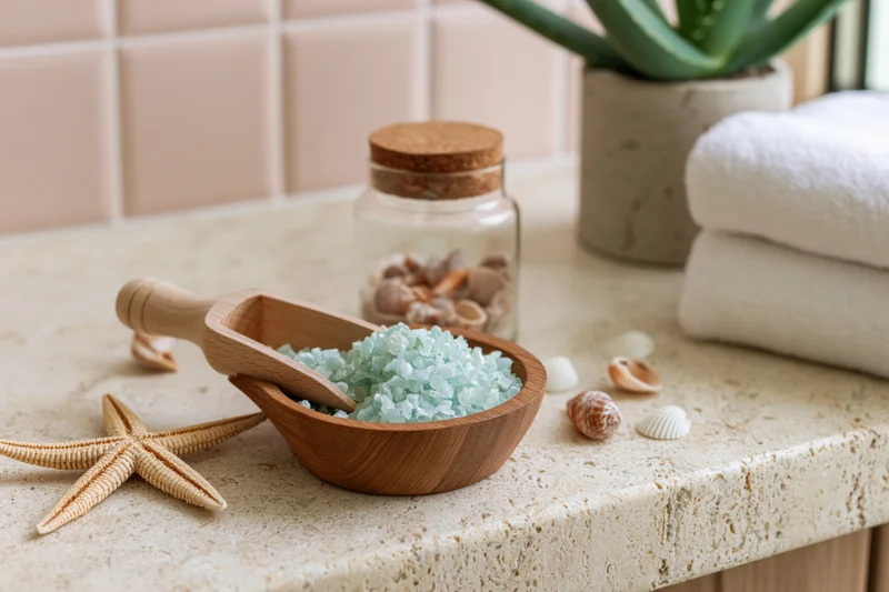 Bath salt in wooden bowl with starfish and shells on stone countertop