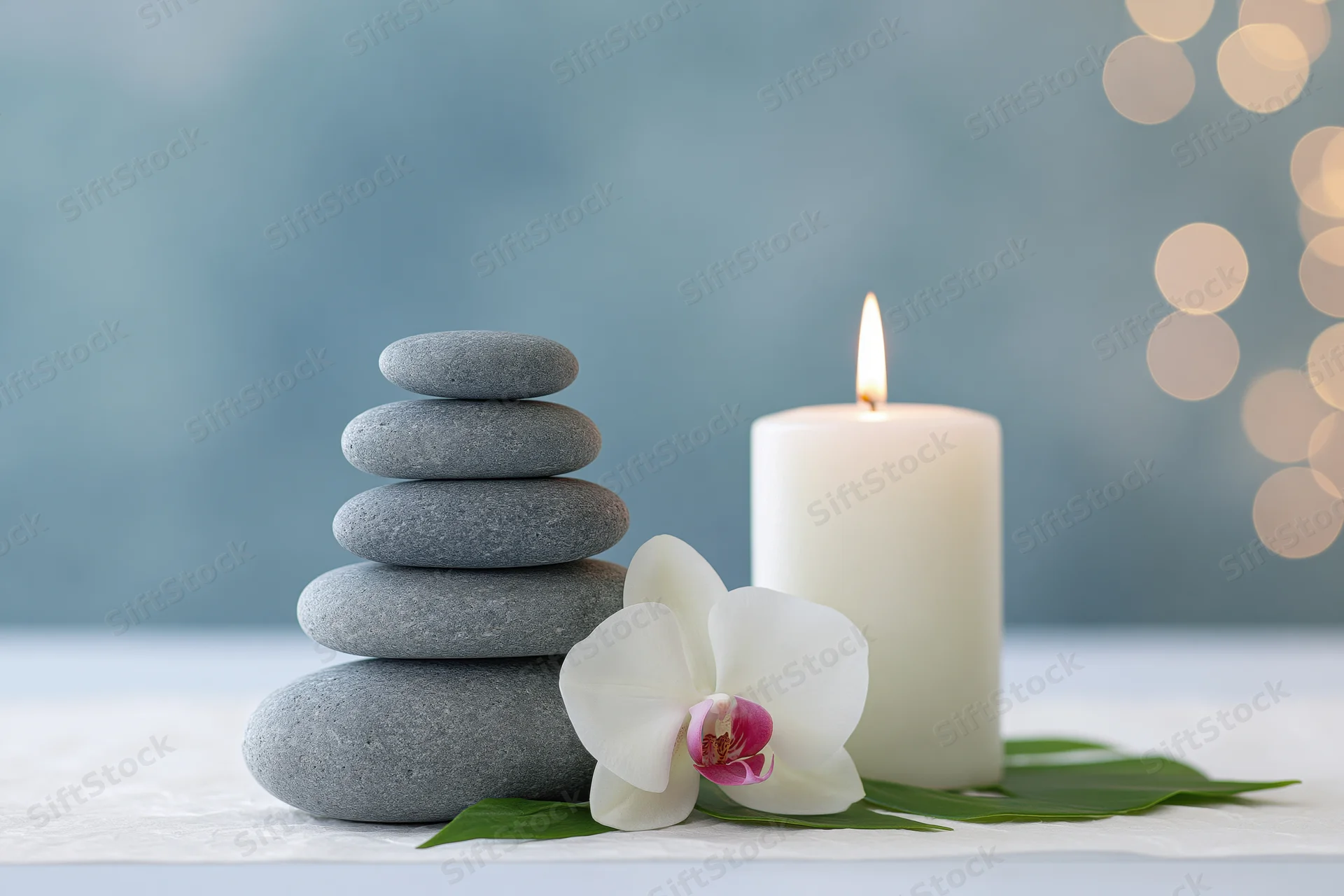 Stacked smooth grey zen stones beside a lit white pillar candle on a white surface with green leaves and a white orchid flower