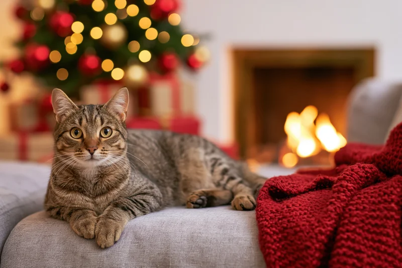 Tabby cat resting on light grey sofa with christmas tree and fireplace in background
