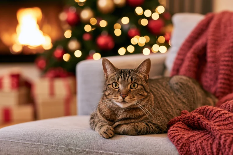 Tabby cat resting on light gray sofa with christmas tree and fireplace in background