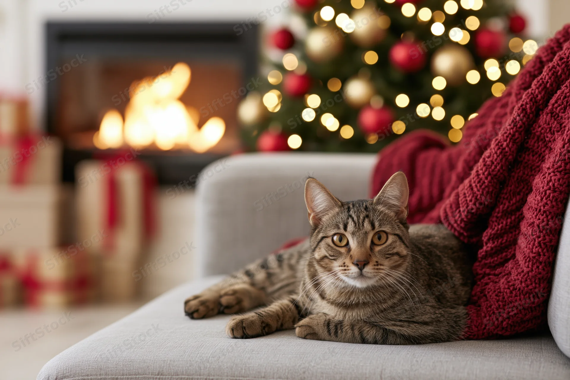 Tabby cat resting on light grey sofa with christmas tree and fireplace in background