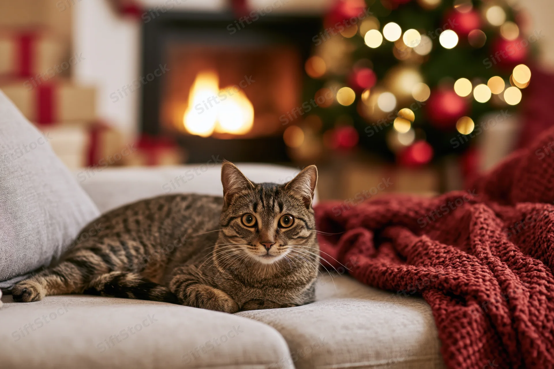 Tabby cat resting on light grey sofa with red blanket near fireplace and christmas tree in background