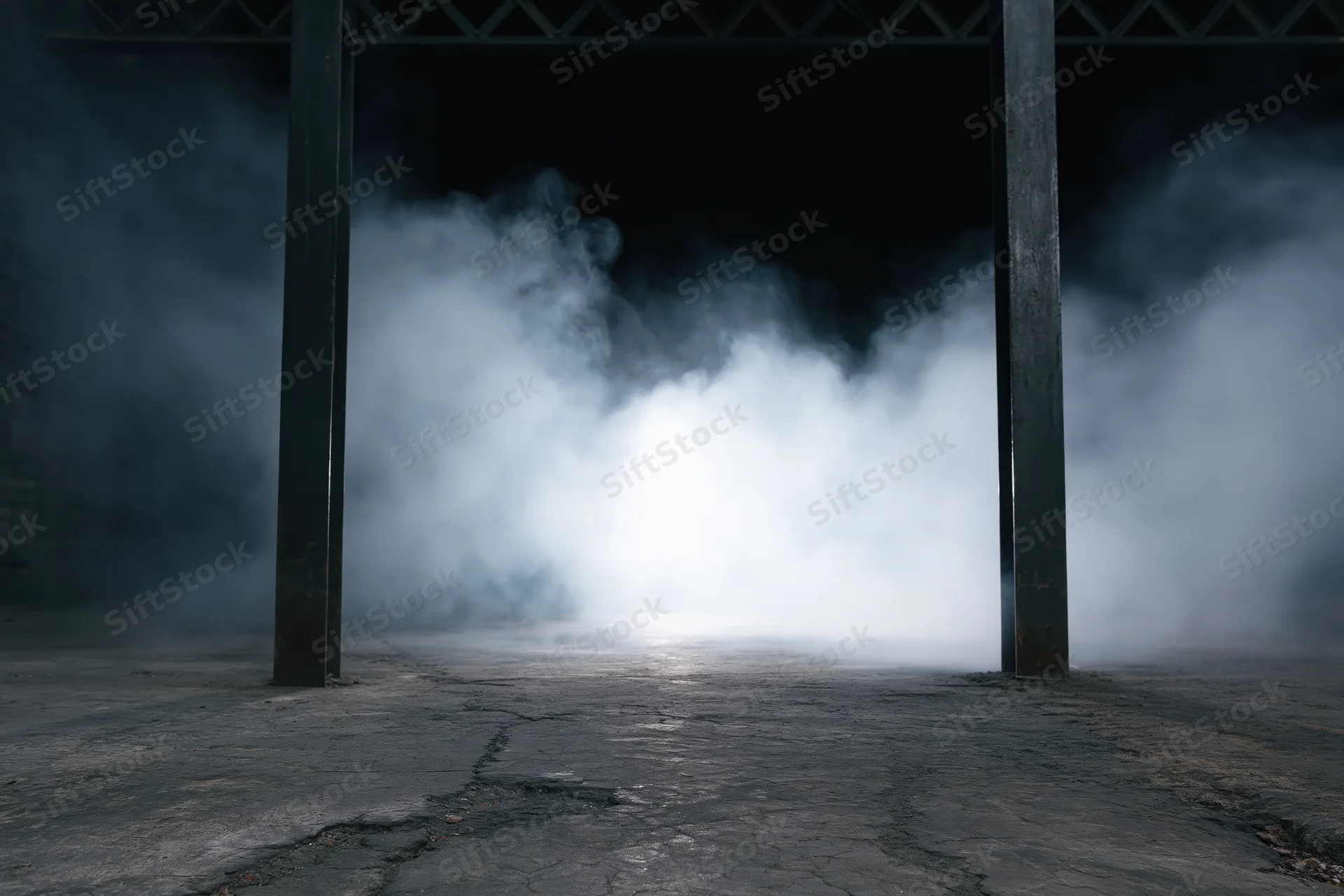 Thick white smoke rising from cracked concrete floor between steel pillars in dark industrial space