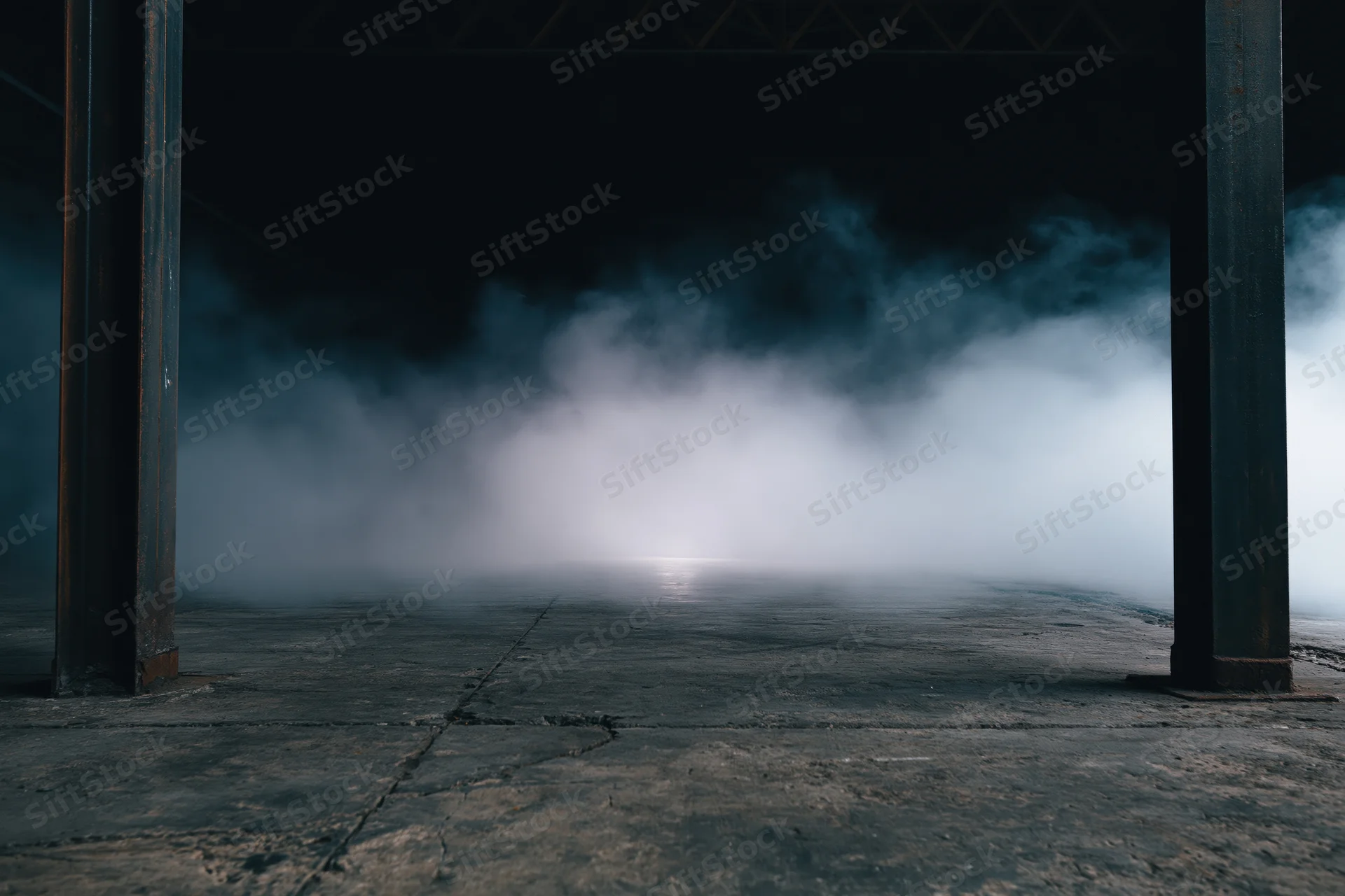 Thick smoke rising from a cracked concrete floor between steel pillars in a dark industrial warehouse interior
