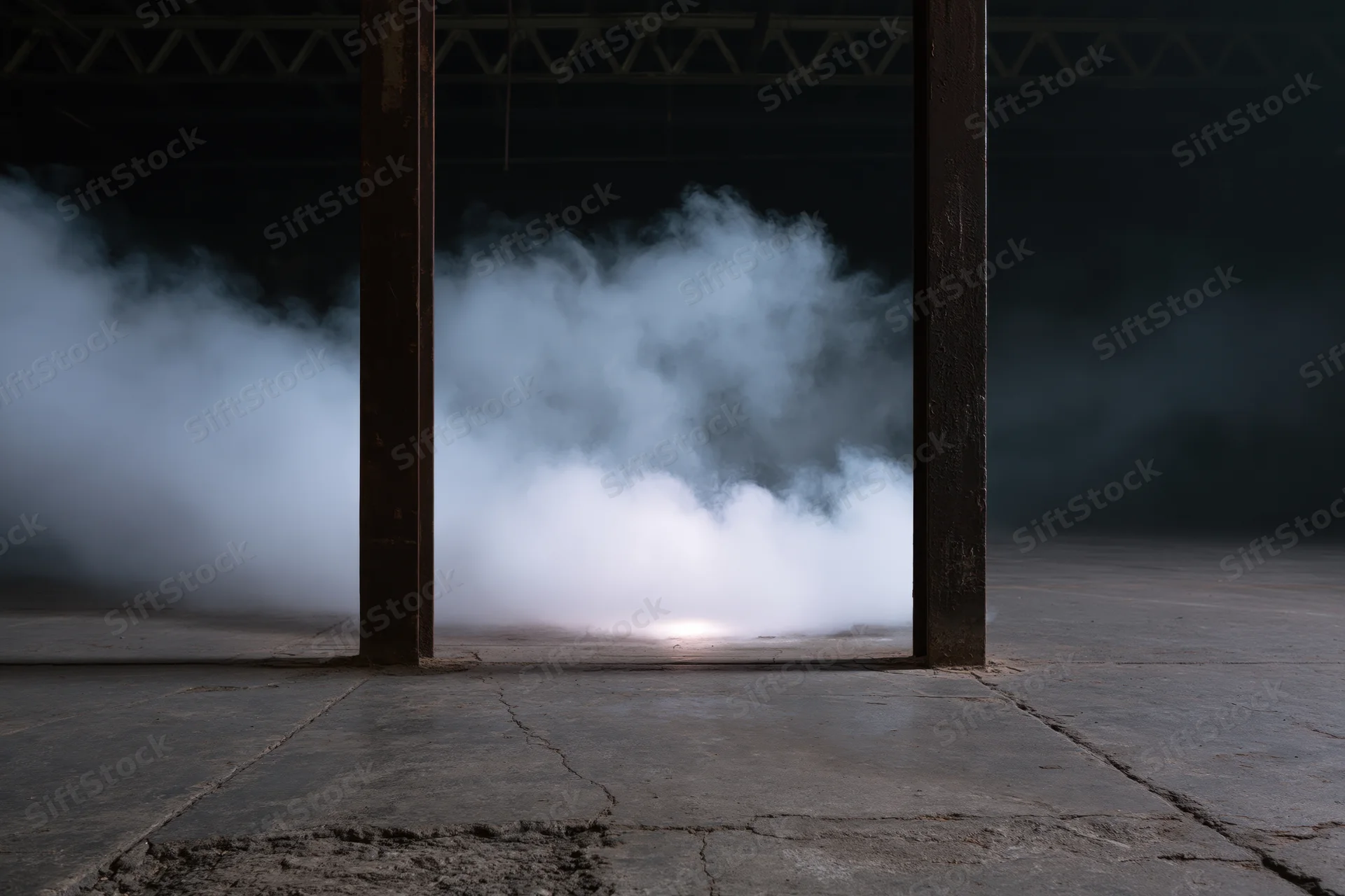 Thick white smoke rising from concrete floor between two metal pillars in dark industrial space