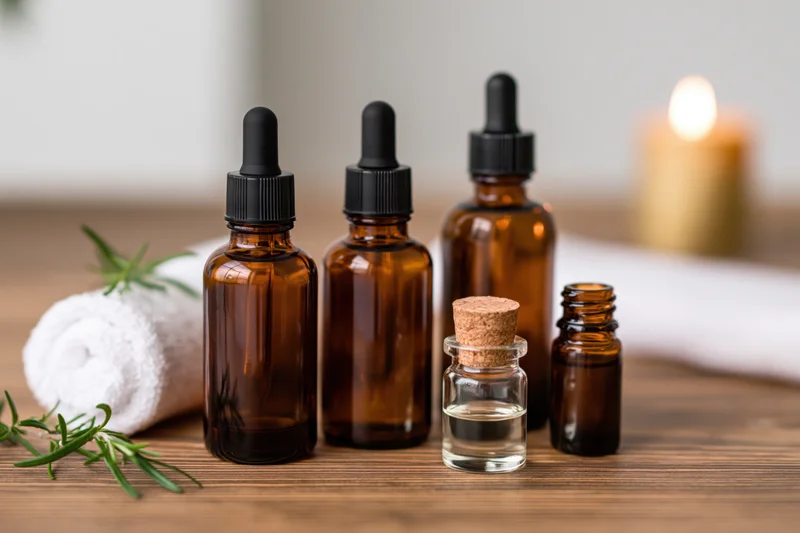 Amber glass dropper bottles and a small cork-lidded bottle with rosemary sprigs on a wooden table beside a lit candle and rolled towel