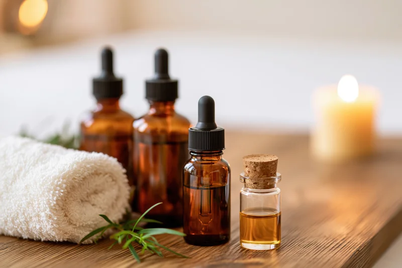 Essential oil bottles with towel and candle on wooden table