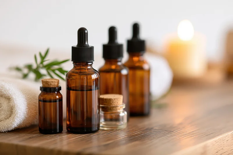 Amber glass dropper bottles and cork-lidded jars arranged on a wooden table with a towel, candle, and rosemary sprig for aromatherapy and wellness