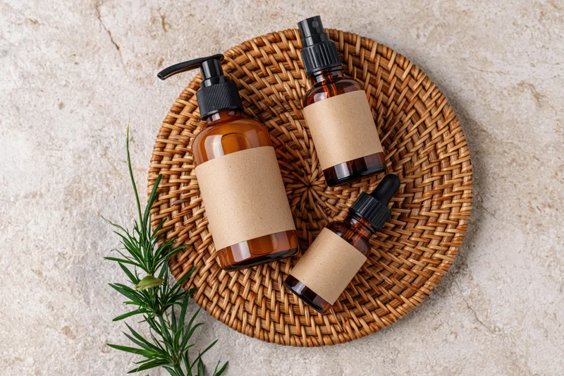 Three amber glass skincare bottles with blank kraft paper labels on a woven wicker tray with rosemary sprig