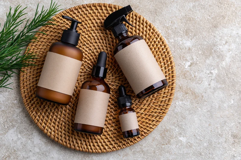 Amber glass skincare bottles with blank kraft labels arranged on a woven tray with pine branch on stone surface
