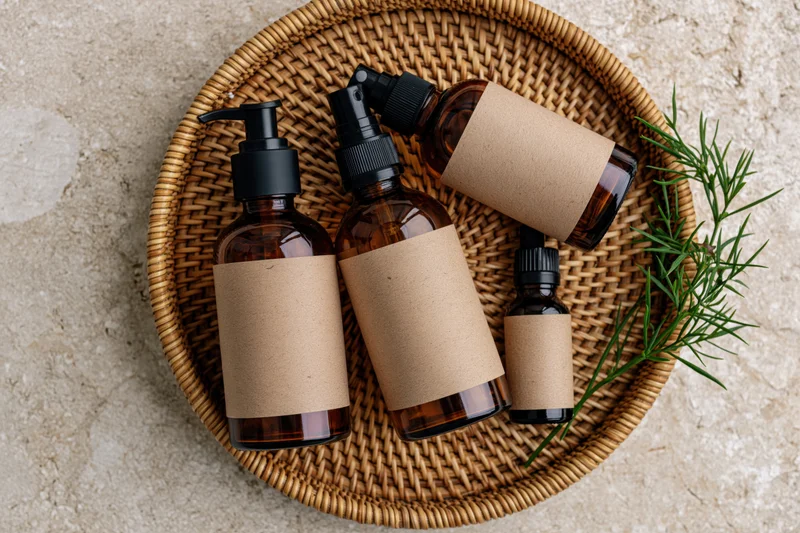 Amber glass skincare bottles with blank kraft paper labels arranged on a woven wicker tray with rosemary sprig