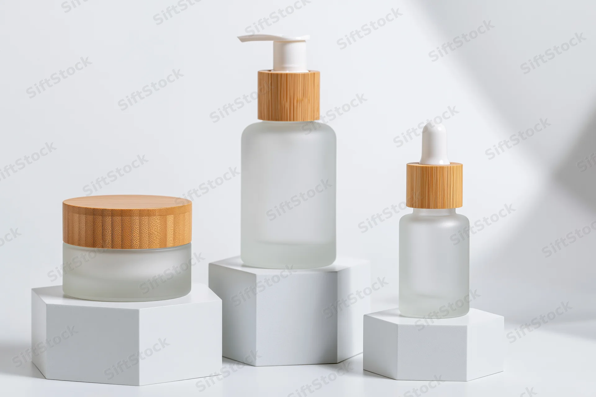 Three frosted glass skincare bottles with bamboo caps arranged on white cubes in a studio setting