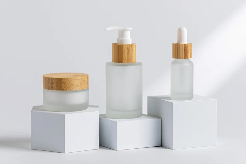 Three frosted glass skincare bottles with bamboo caps on white cubes against a white background