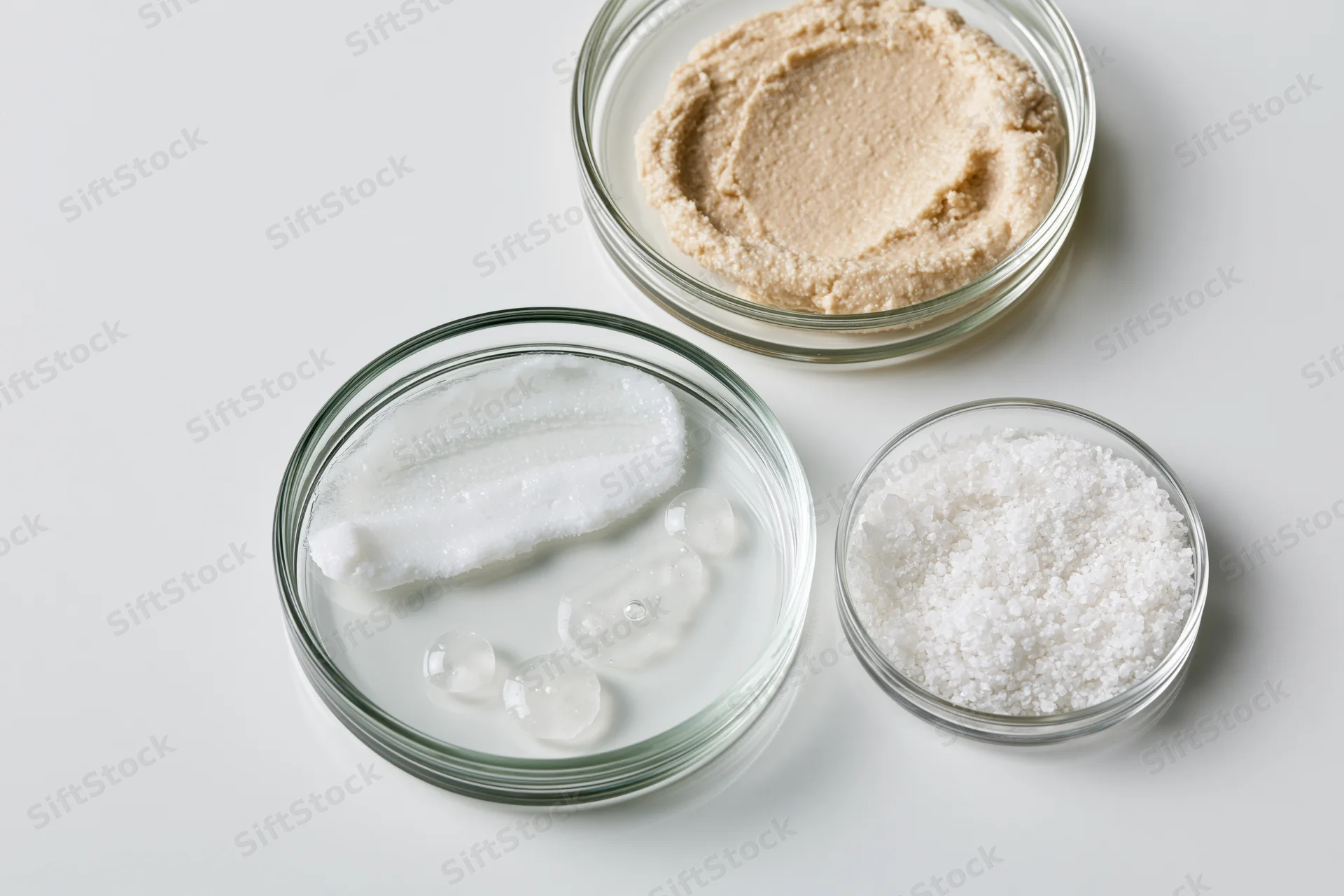 Three glass petri dishes containing different substances arranged on a white surface