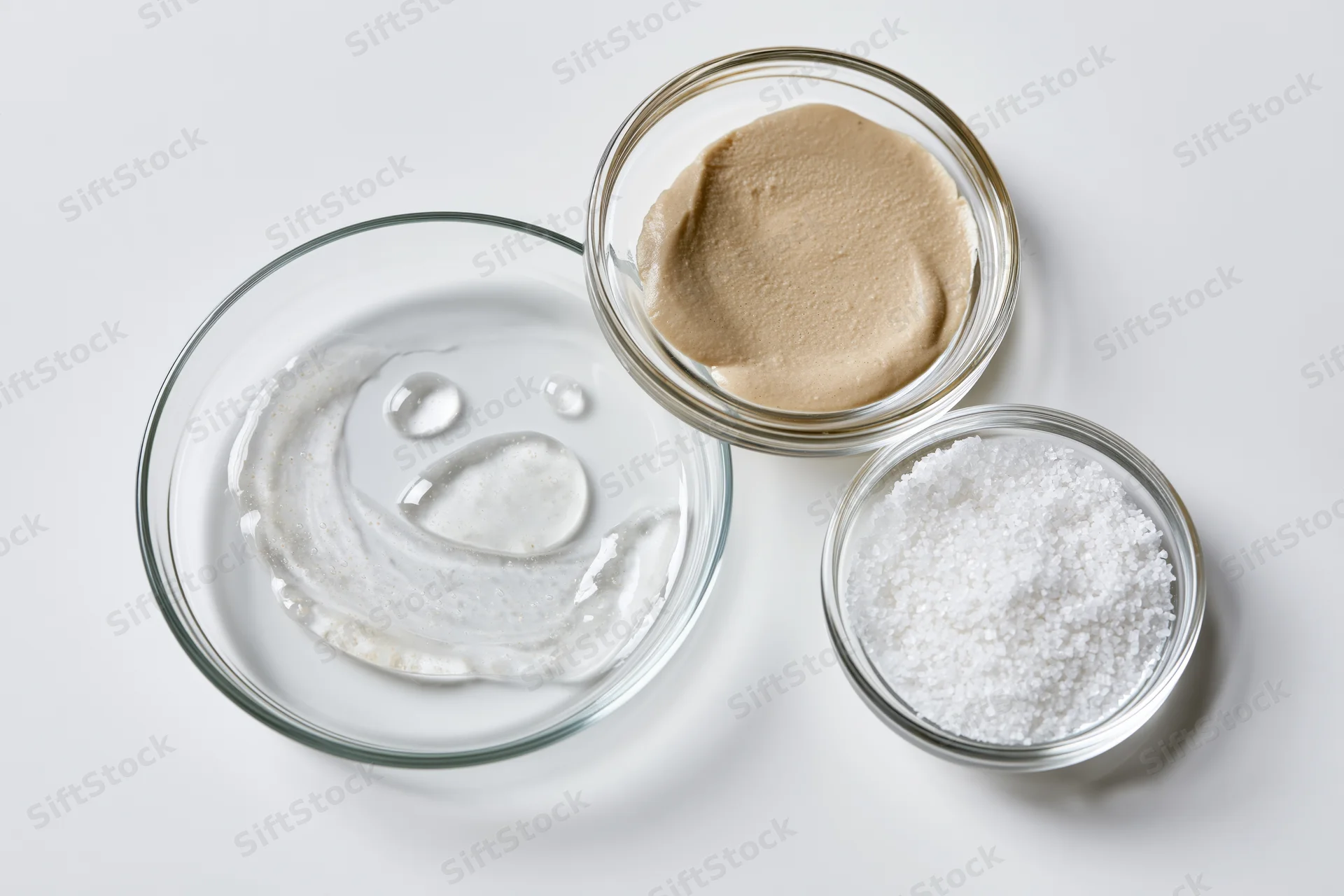 Three glass bowls containing skincare ingredients arranged on a white surface