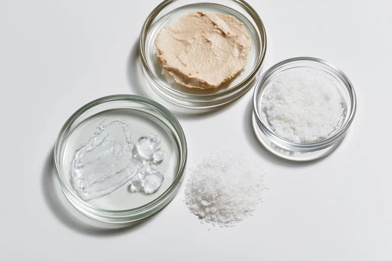 Three glass petri dishes containing skincare ingredients arranged on a white surface