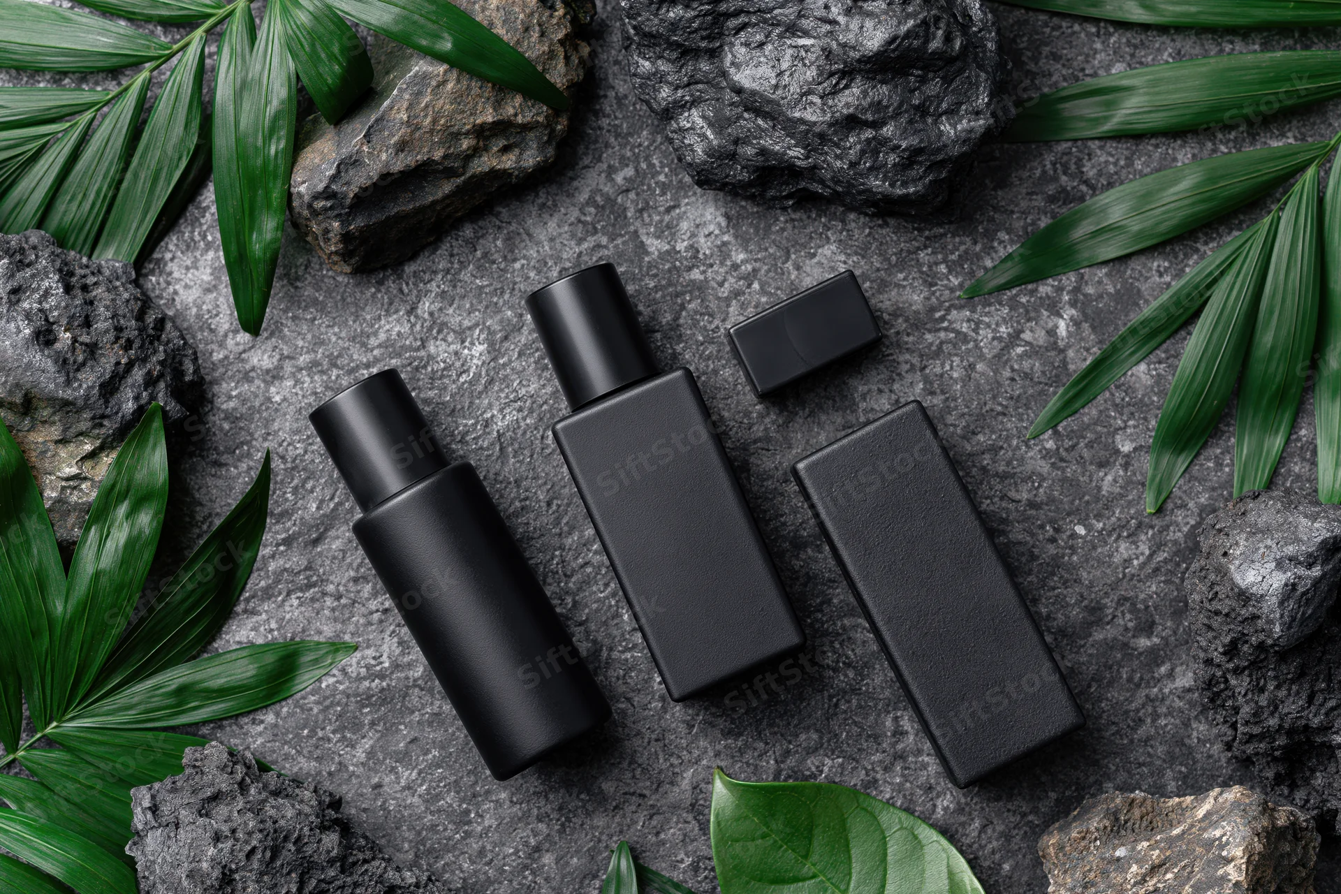 Three matte black skincare bottles arranged with green leaves and rocks on a dark textured surface