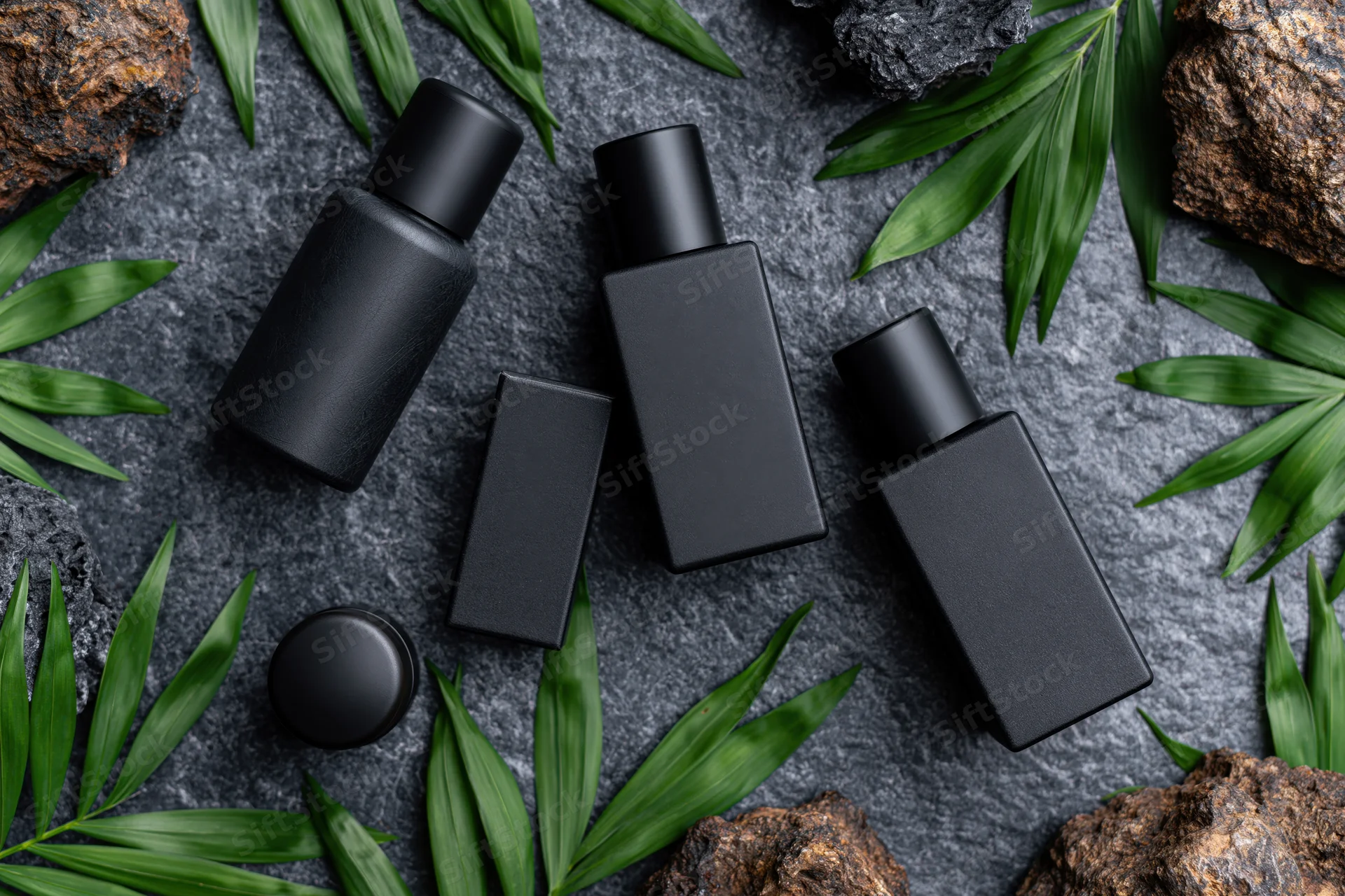 Matte black skincare bottles arranged with green leaves and rocks on dark stone surface