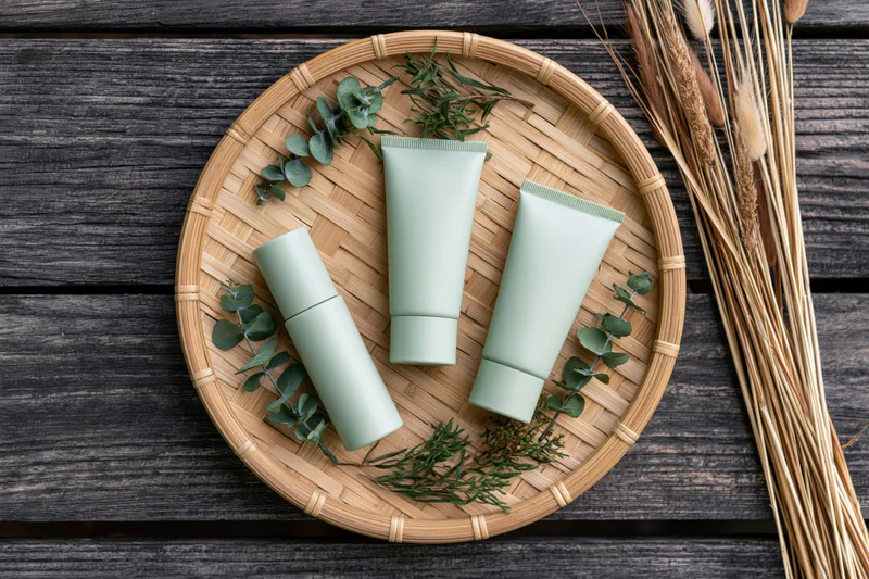 Three matte sage-green skincare tubes and a slim serum bottle arranged on a woven bamboo tray with greenery and dried wheat on a dark wooden surface
