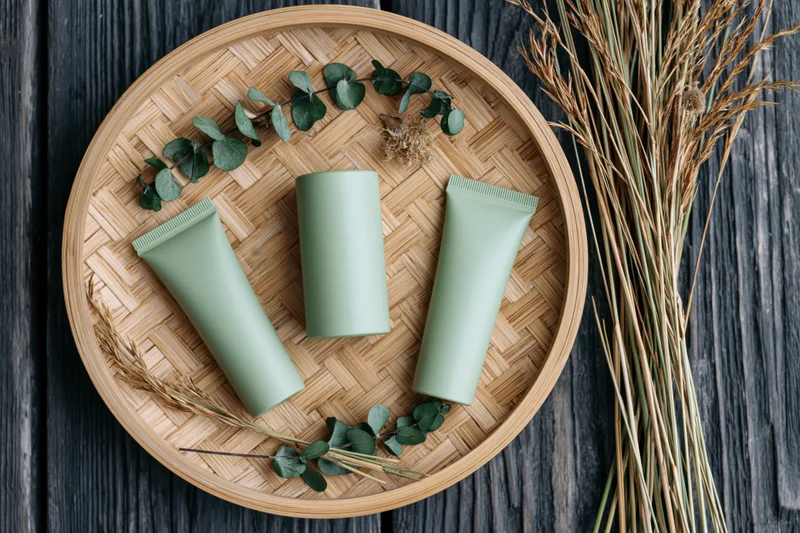 Three matte sage-green skincare tubes and a slim serum bottle arranged on a woven bamboo tray with eucalyptus and dried grass on dark wood surface