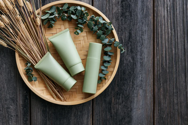 Three matte sage-green skincare tubes and a slim serum bottle arranged on a woven bamboo tray with eucalyptus and wheat stalks on dark wood surface