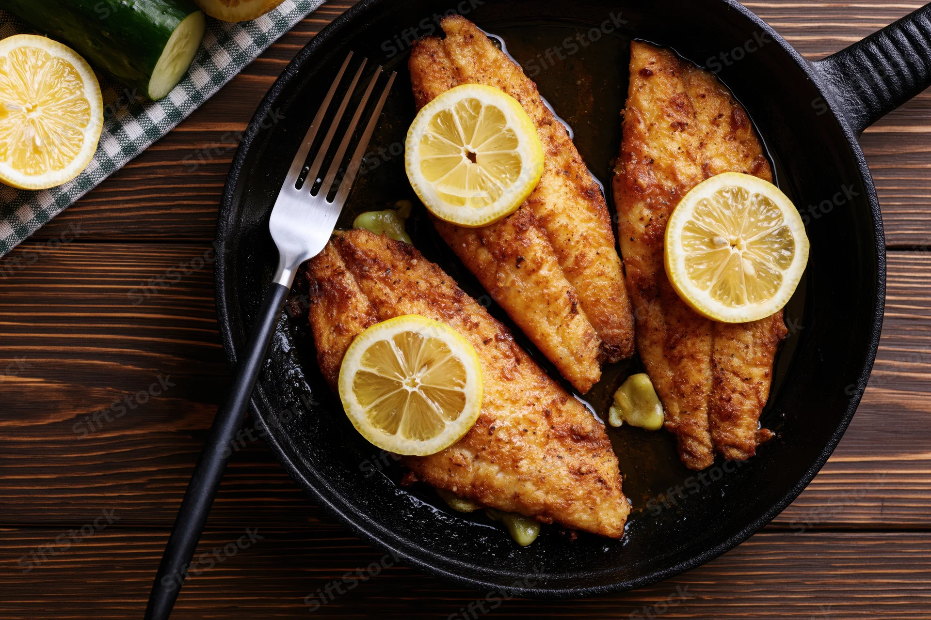 Three pan-seared fish fillets topped with lemon slices in a black skillet on a wooden table with a fork beside it