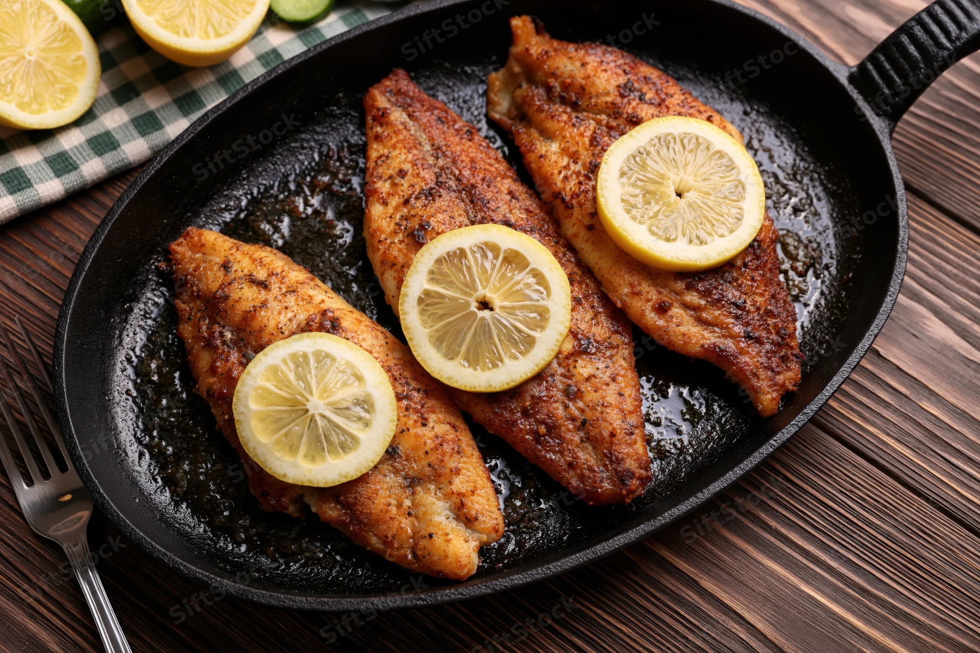 Three pan-seared fish fillets topped with lemon slices in a cast iron skillet on a wooden table