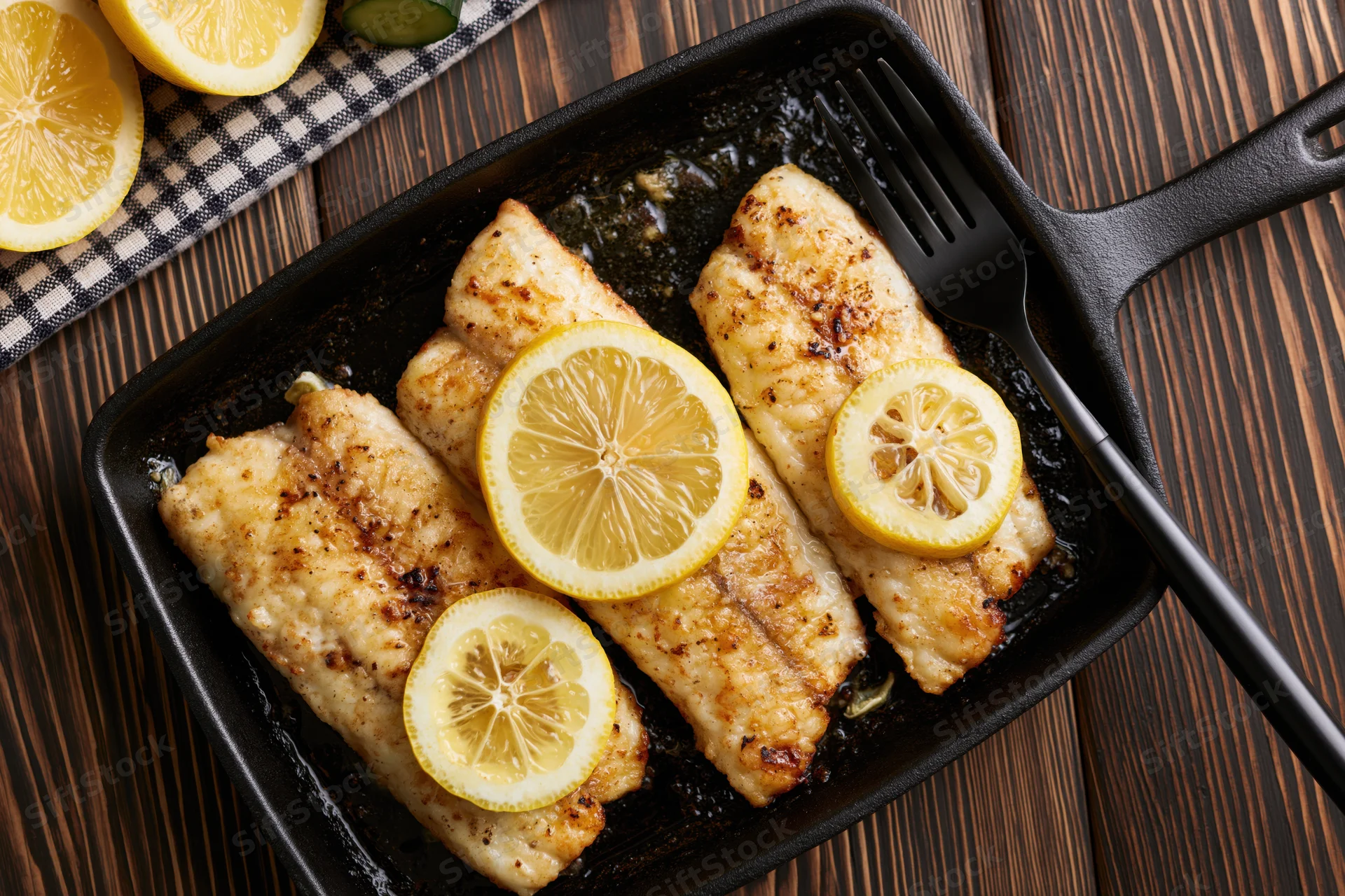 Three pan-seared fish fillets topped with lemon slices in a black skillet on a wooden table