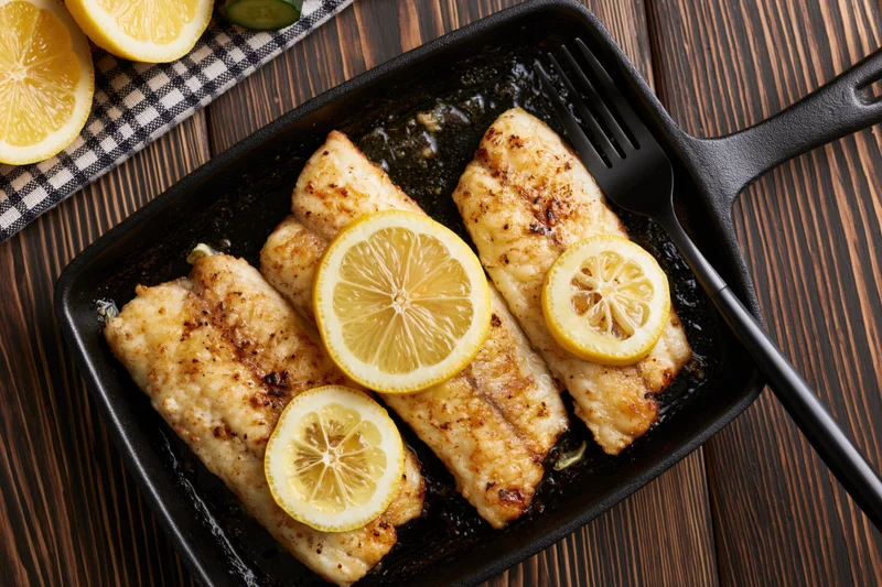 Three pan-seared fish fillets topped with lemon slices in a black skillet on a wooden table