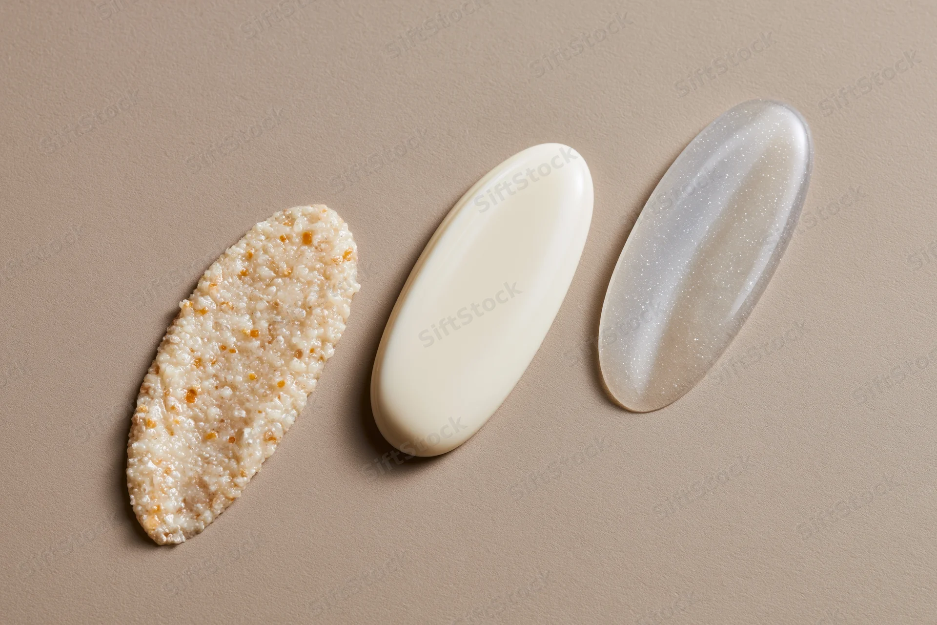 Three skincare product smears arranged in a row on a matte beige surface