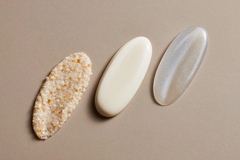 Three skincare product smears arranged in a row on a matte beige surface