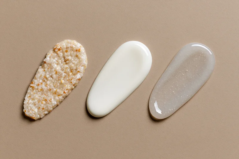 Three skincare product smears arranged in a row on a matte tan surface