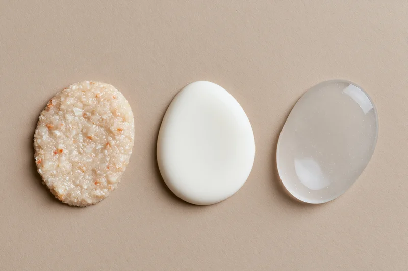 Three skincare product smears arranged in a row on a matte beige surface