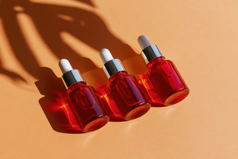 Three red glass dropper bottles arranged in a row on a warm orange surface with sunlight casting shadows