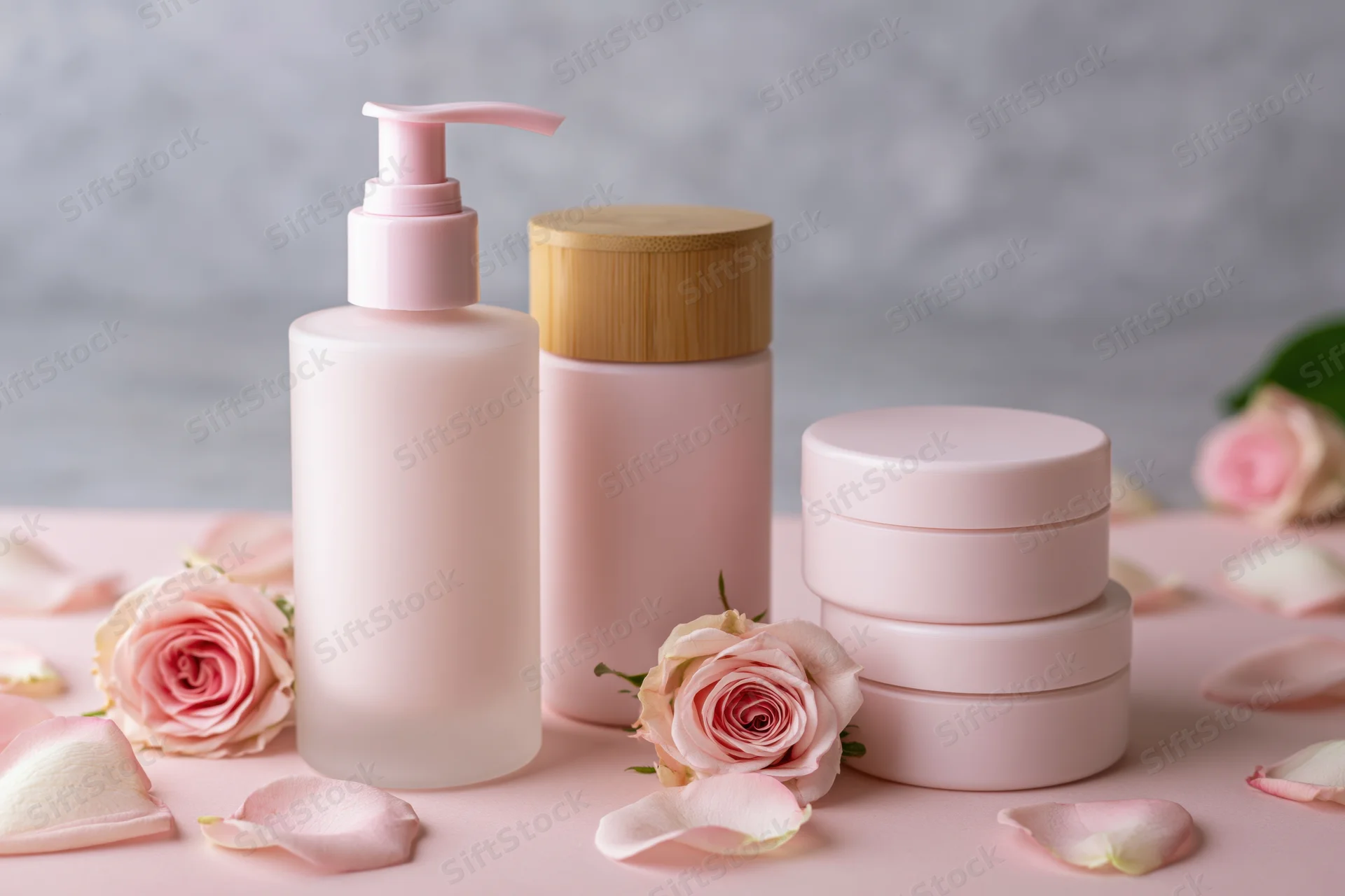 Pink skincare bottles and jars with roses and petals arranged on a soft pink surface