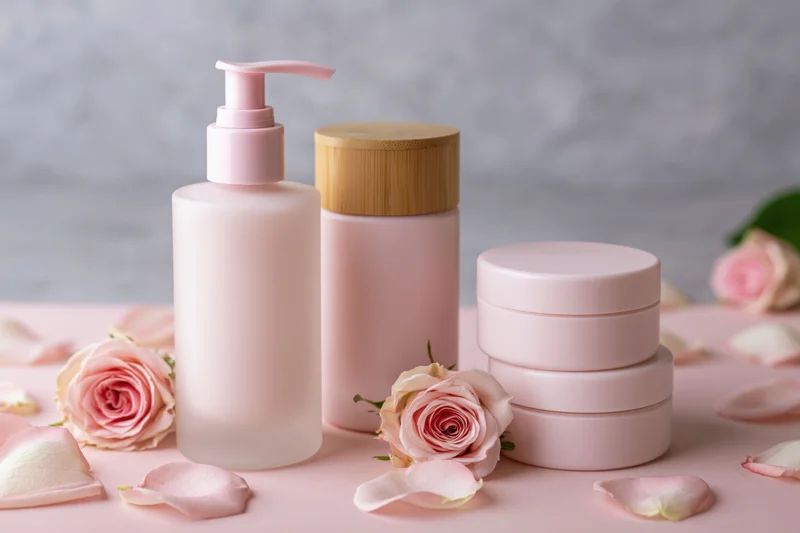 Pink skincare bottles and jars with roses and petals arranged on a soft pink surface
