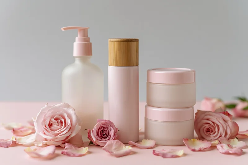 Pink skincare bottles and jars arranged with roses and petals on a soft pink surface