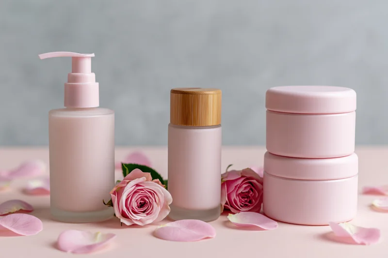Pink skincare bottles and jars with rose petals arranged on a soft surface