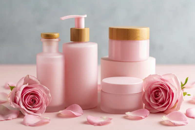 Pink skincare bottles and jars with roses and petals arranged on a soft pink surface